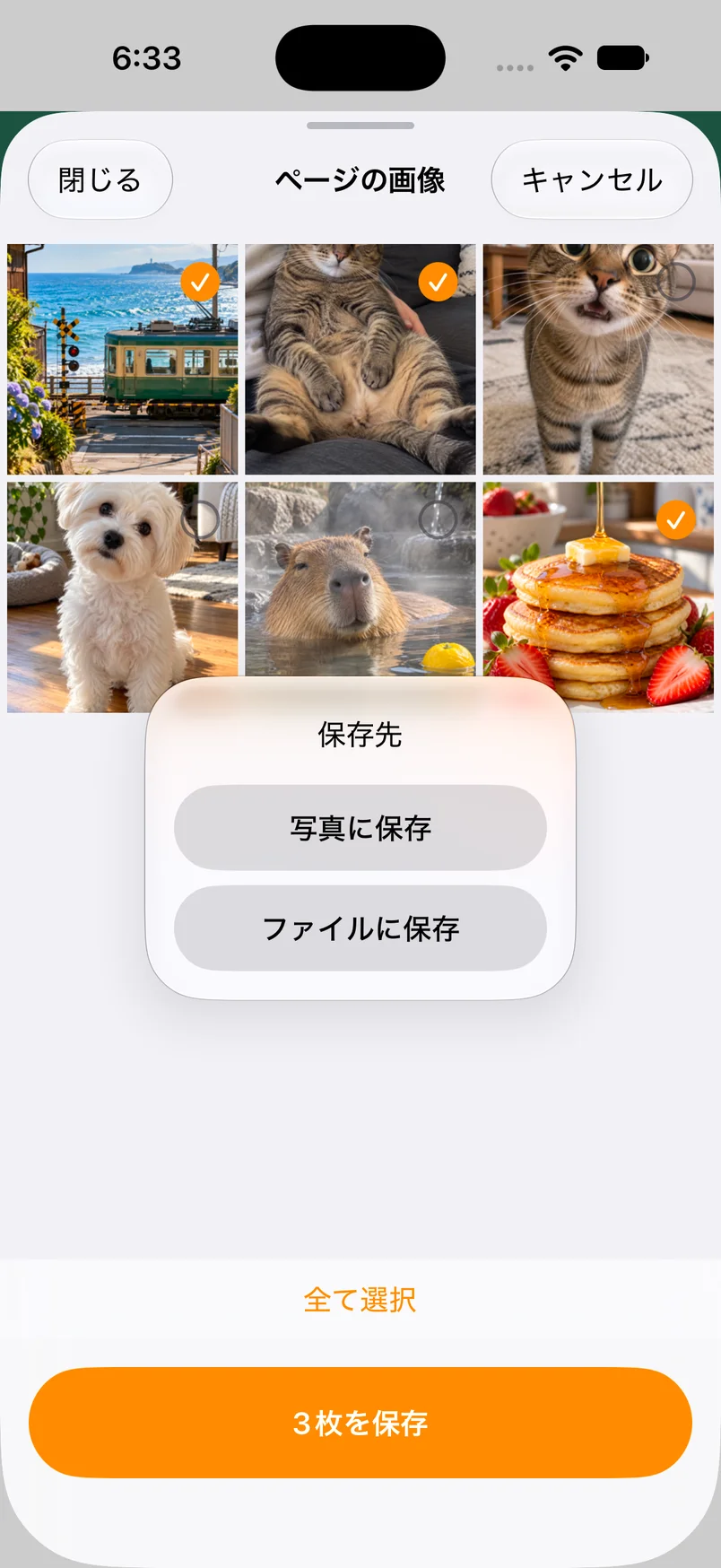 選択した画像の保存先として「写真に保存」と「ファイルに保存」を選べる画面