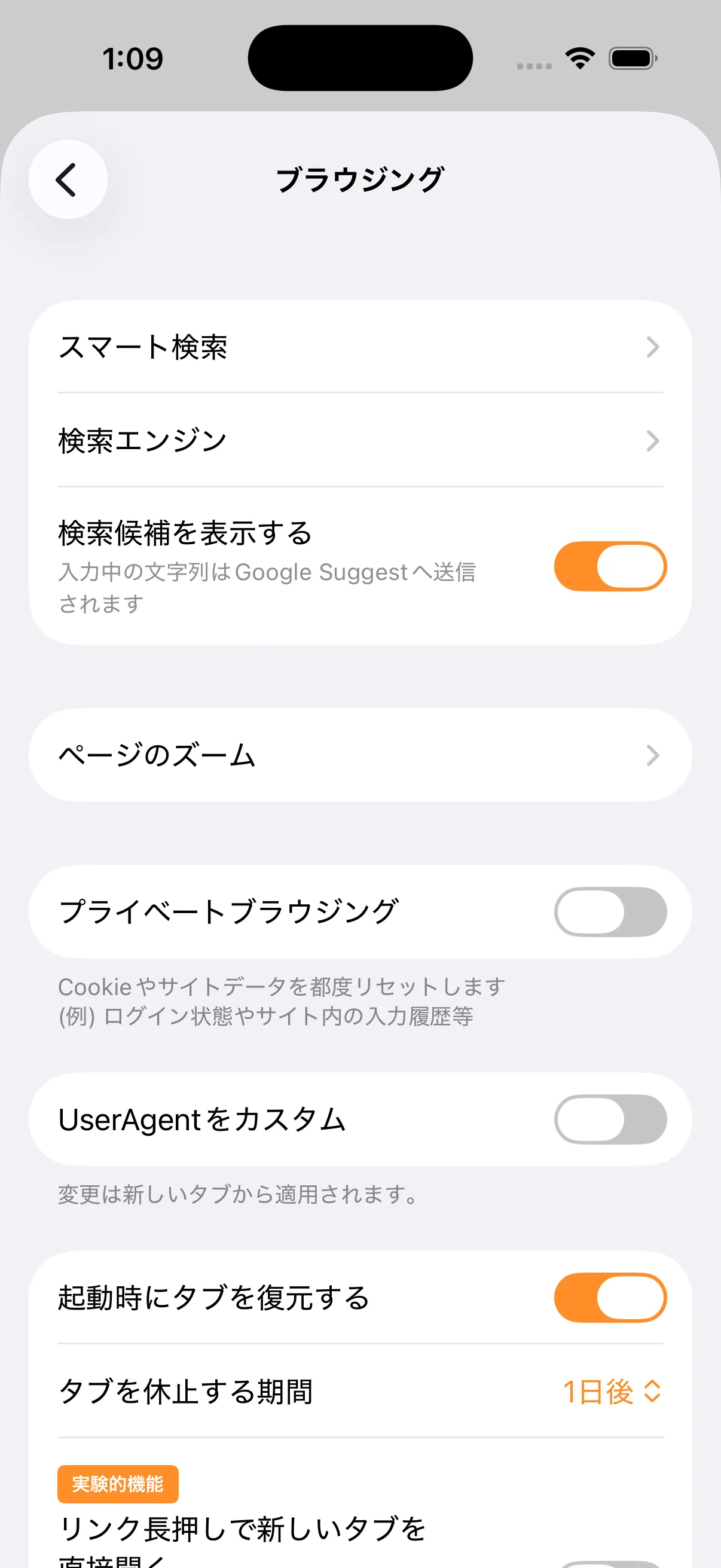 ポルンのブラウジング設定にCookieやサイトデータを都度リセットすると説明されたプライベートブラウジング設定