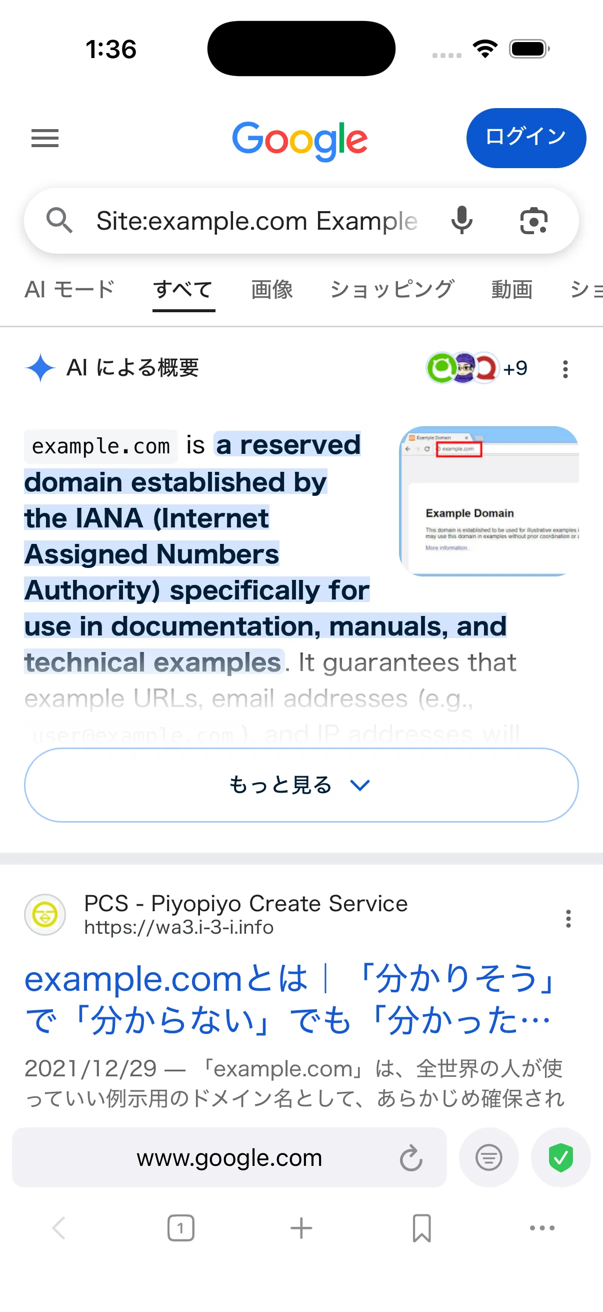 example.comをブロックした後、別サイトの通常検索結果が繰り上がって表示されたポルンの画面