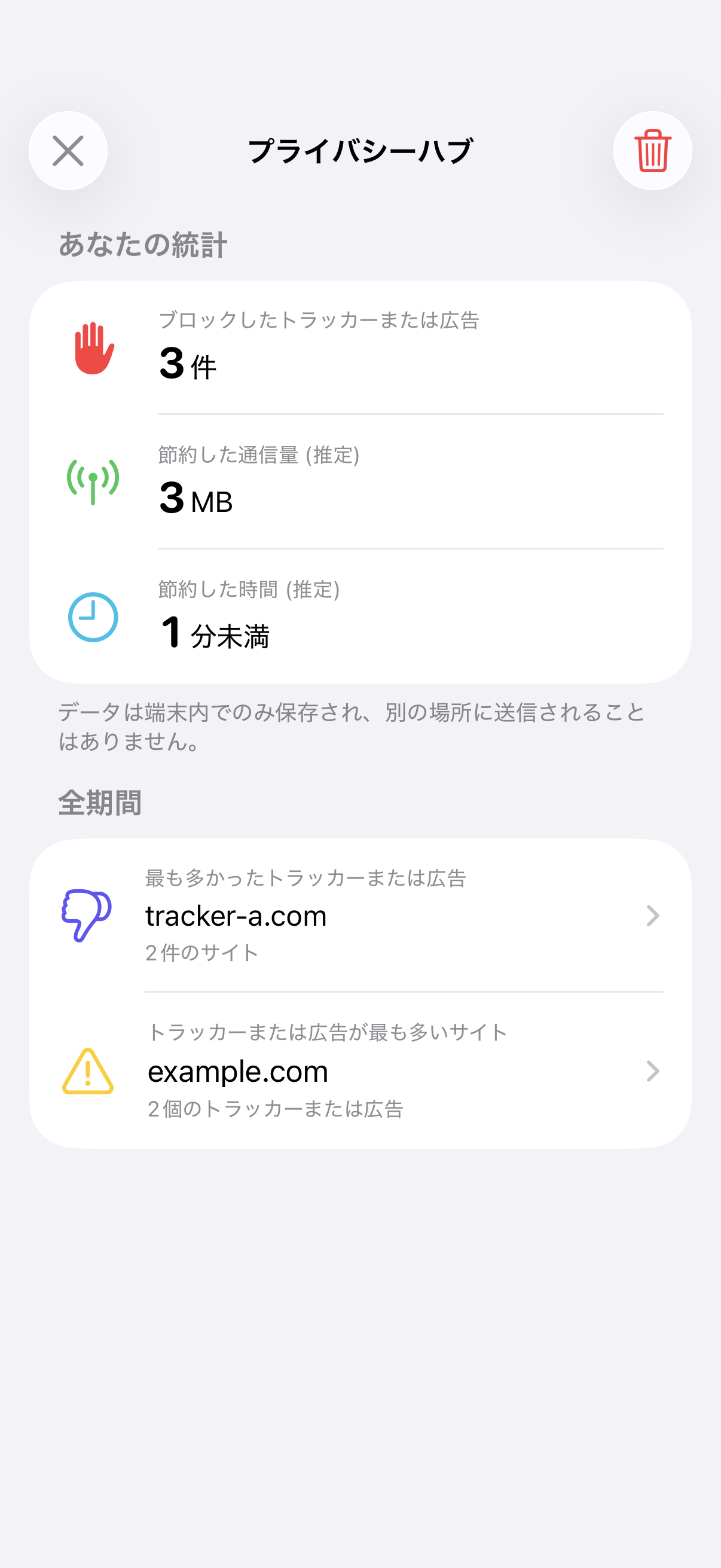 プライバシーハブで保護実績を確認する画面